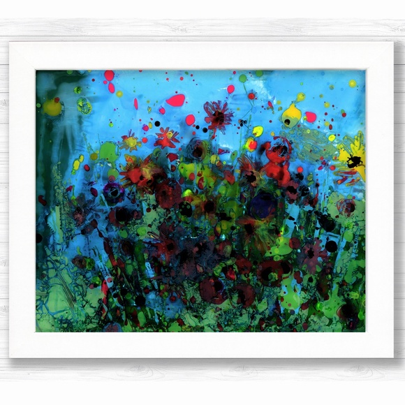 Original Framed Floral painting on glass - Flower Meadow 3